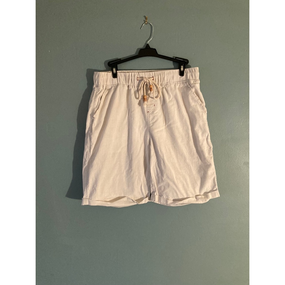 Women's beige cuffed linen blend elastic waist shorts with pockets size medium